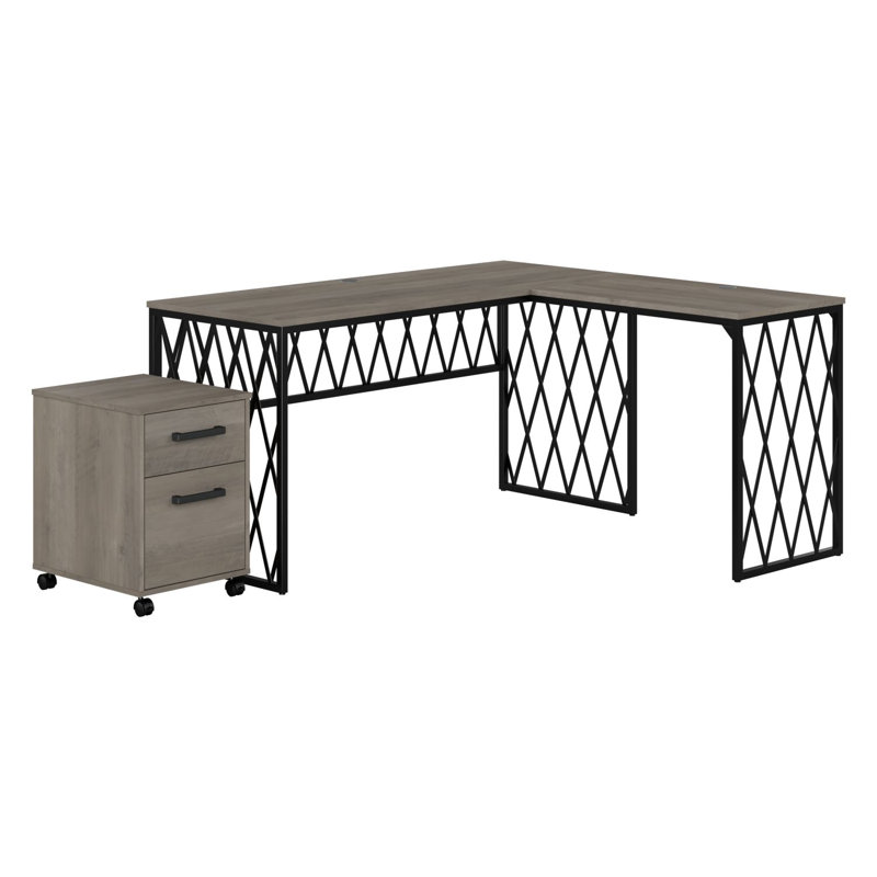 Bureau en L 60 po avec classeur mobile, H 30 po x l 60 po x P 24 po, Bois flotté gris / noir