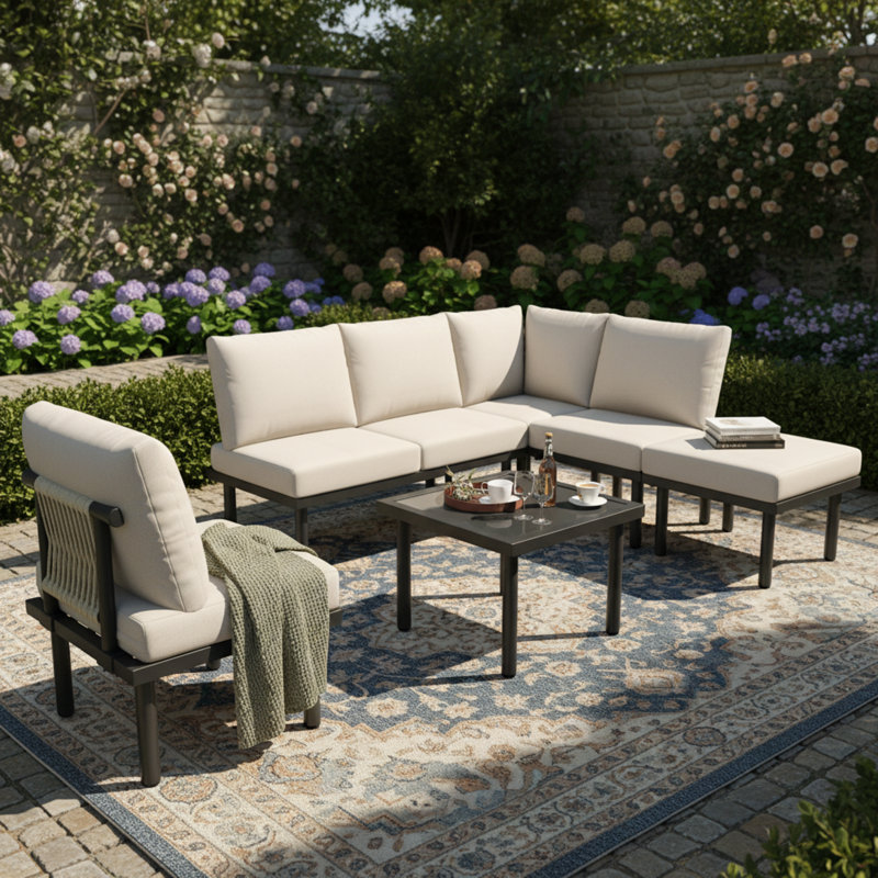 Woven Rope 6 - Person Garden Lounge Set With Cushions, Beige