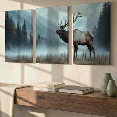 3 Pieces Exculisive Elk in Misty Blue Forest Large Wall Art Mountain Wildlife Landscape Canvas Art, Canvas Decor for Living Room, Bedroom and Office