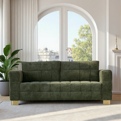 SOFA  Modern Green Chenille Sofa Couch, 3-Seater With Square-Tufted Design & Custom Stainless-Steel Legs Comfortable Living Room Couch For Apartment & Small Spaces
