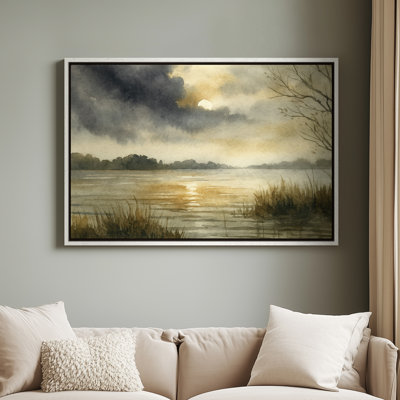 Framed Canvas Wall Art - Watercolor Dusk Lake Landscape Wall Prints for Bedroom - 24"x36"
