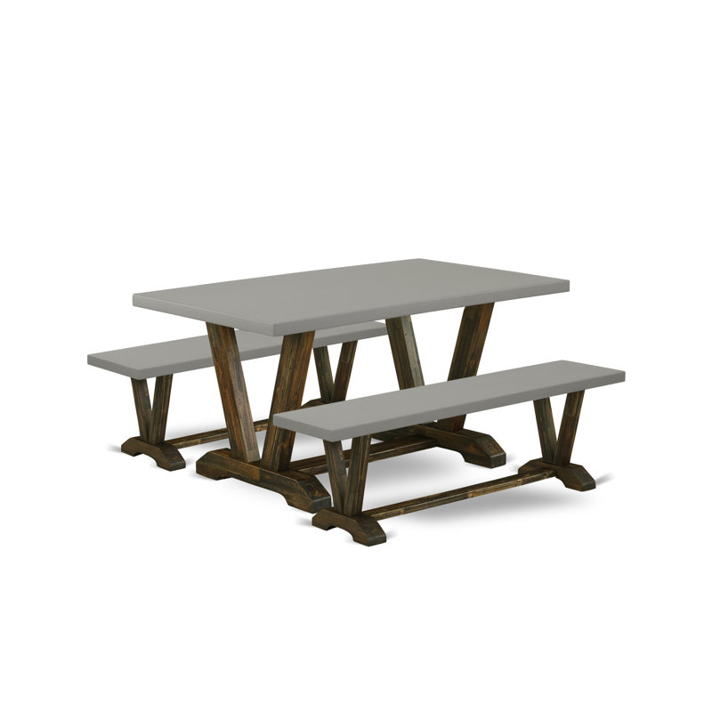 Ensemble de table de cuisine 3 pièces - 1 table de salle à manger et 2 bancs de salle à manger - Fabrication fiable et robuste - Plateau de table en ciment et finition jacobine patinée