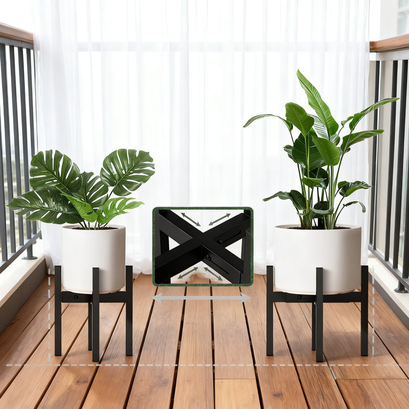 Support pour plante réglable en paquet de 2, support pour plante en métal robuste pour pots de 9 à 14 pouces, support pour pot de fleurs intérieur et extérieur à double hauteur, design moderne Mid-Century
