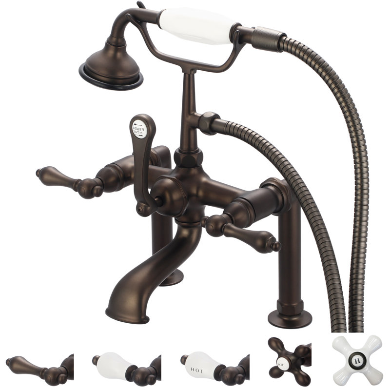 Stonington Deck Tub Spout, Porcelain Cross Handles, Oil Rubbed Bronze
