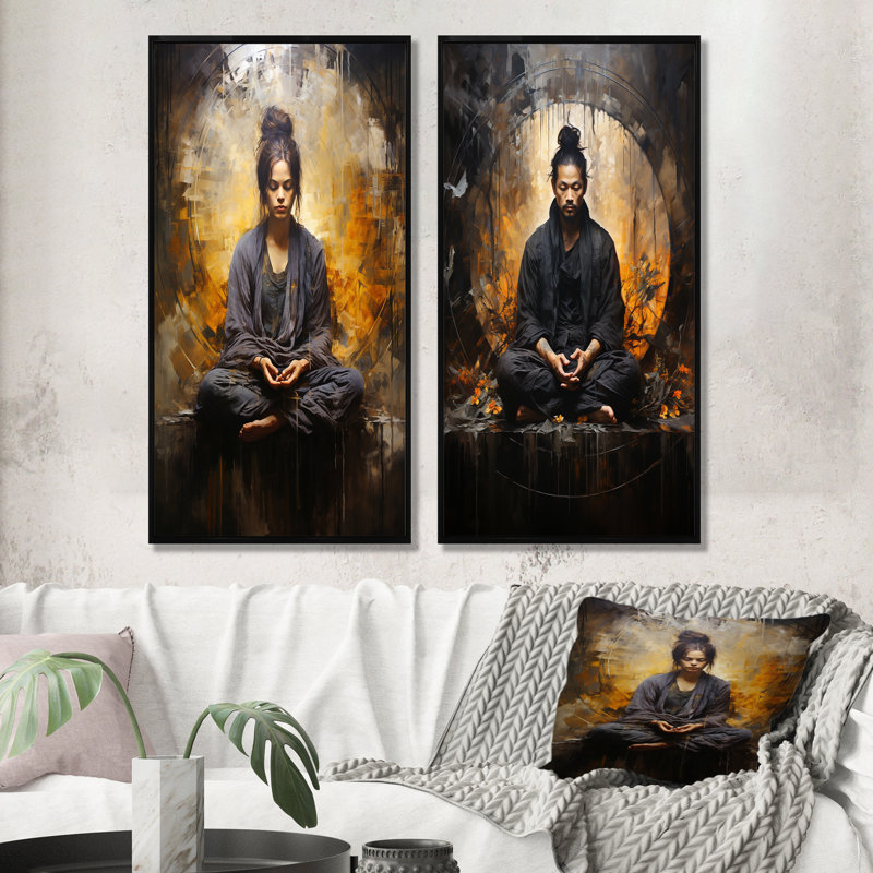 «Black and Gold Yogic Meditation», ensemble d'art mural sur toile de yoga, Cadre noir, H 40 po x l 41 po