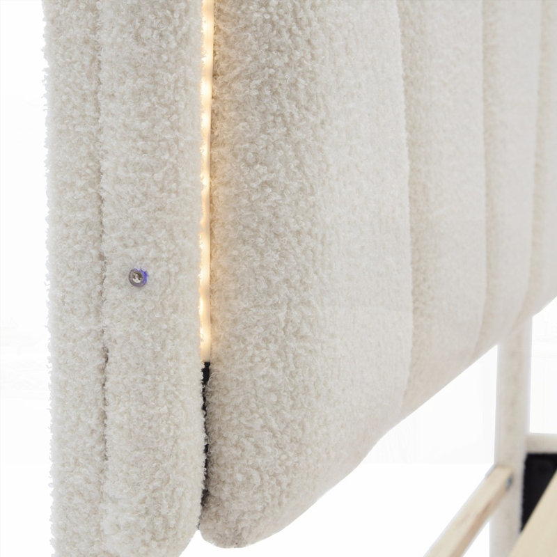 Lit double tapissier pleine grandeur avec tête de lit élégante Lumières DEL, aucun sommier requis, support de lattes en bois robuste