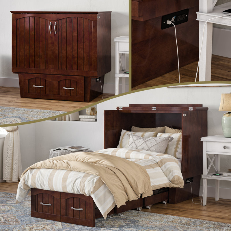 Lit escamotable en bois massif avec station de charge et matelas Kindig, Simple, Noyer