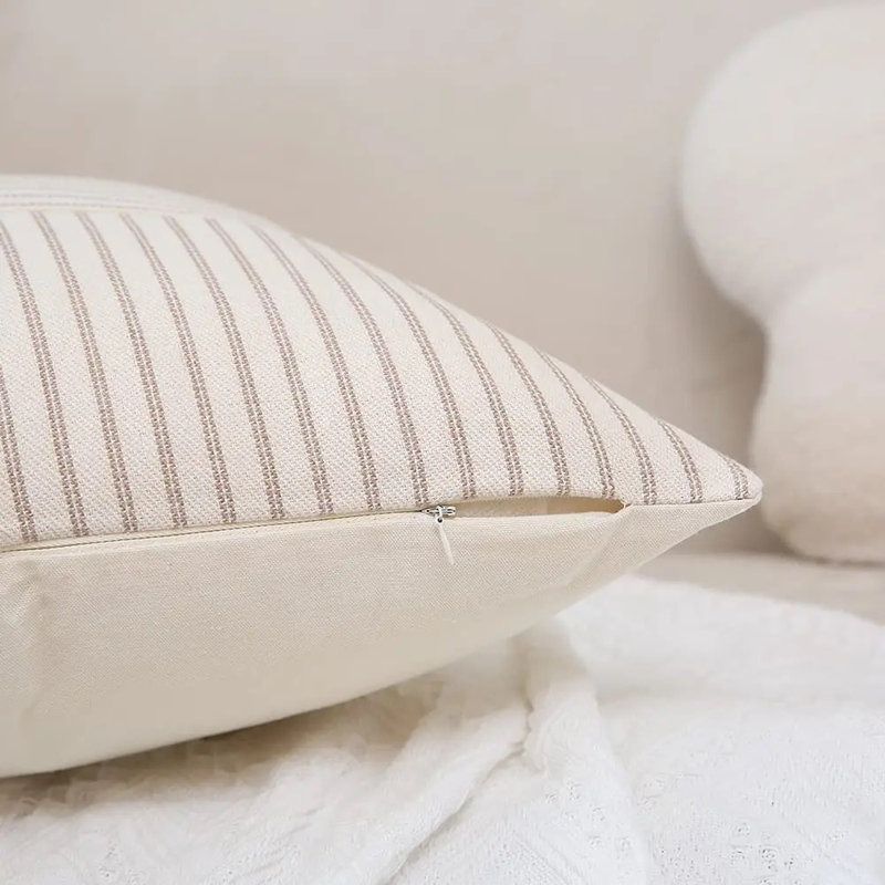  Housse de coussin rayée en lin, Beige / noir, H 20 po x l 20 po
