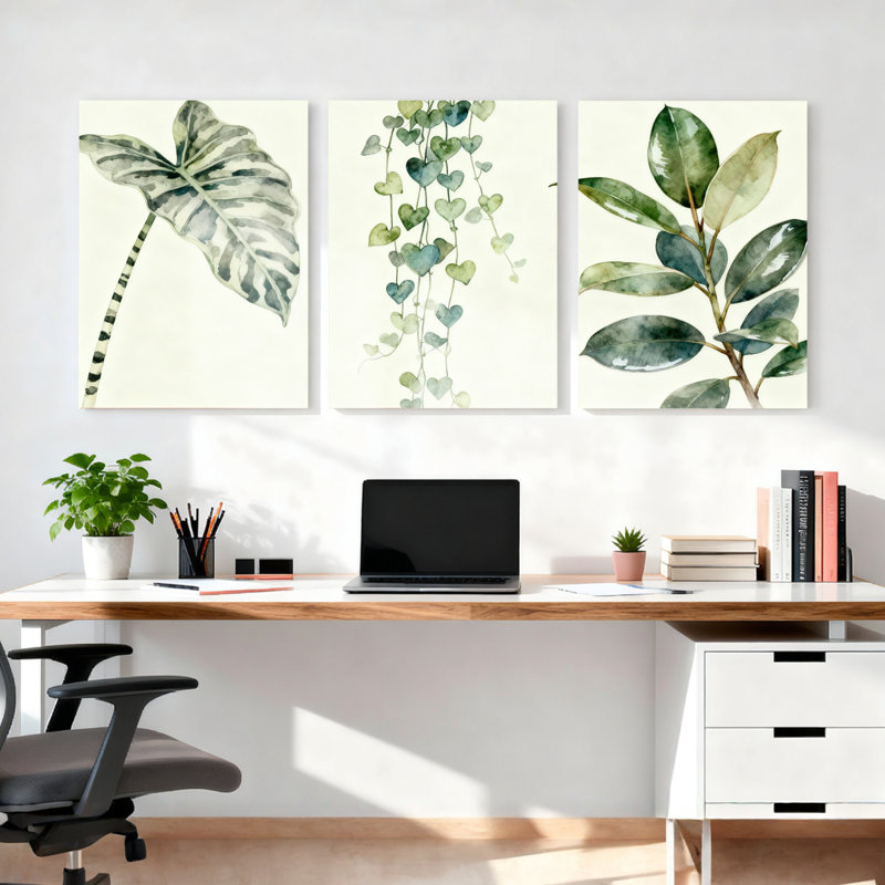 Ensemble de 3 feuilles d'art tropicales sur toile tendue à l'aquarelle pour salon, chambre à coucher ou bureau