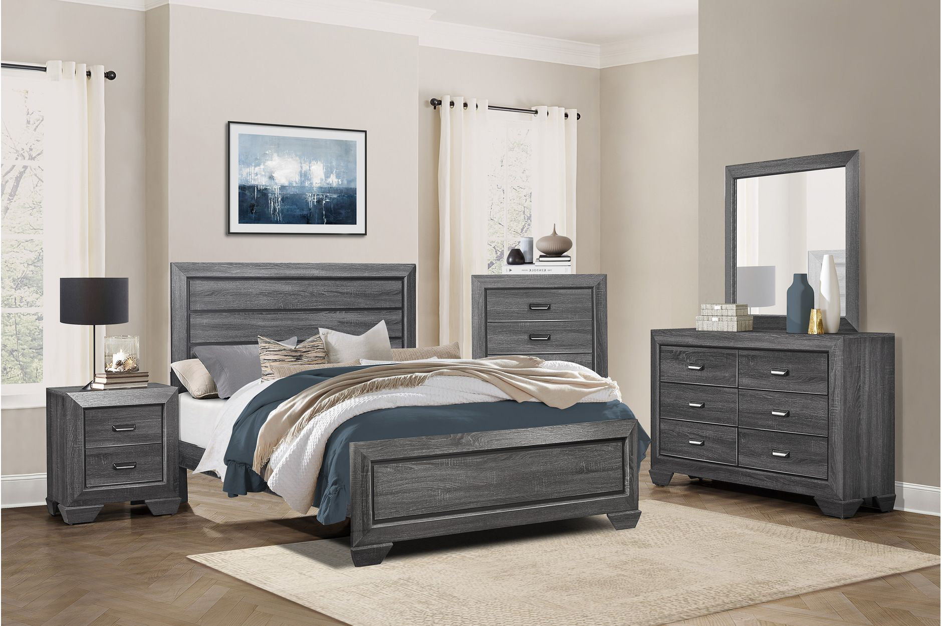 Millwood Pines Ange Gray Faux Wood Panel Bedroom Set 3&2 Wayfair