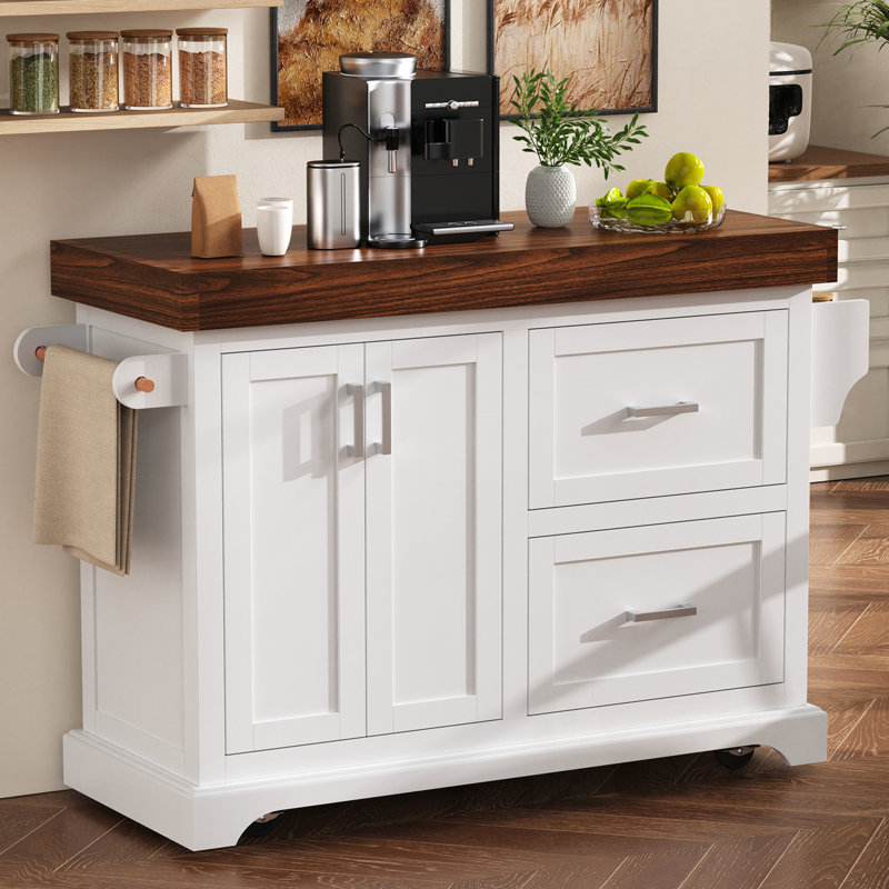 Îlot de cuisine avec porte-épices et porte-serviettes et 2 très grands tiroirs, Blanc