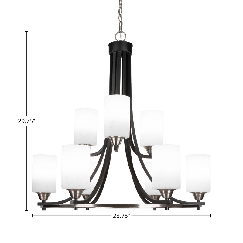Lustre 9 lumières Michell Paramount illustré en noir mat et nickel brossé avec verre mousseline blanc de 4 po
