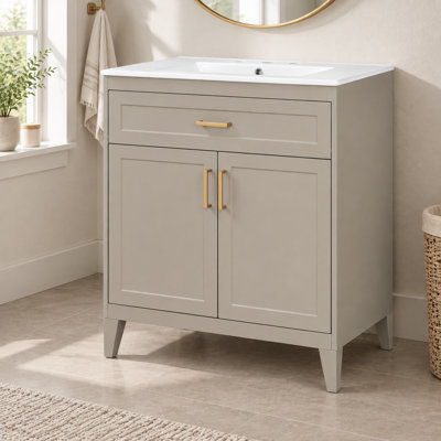Meuble-lavabo beige de 76,2 cm (30,02 po), lavabo en céramique, pieds en bois massif, portes doubles à fermeture amortie, tiroir basculant, tablette réglable