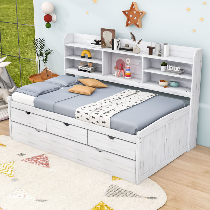 Ephinne 3 Drawers Wooden Platform Bed with Shelves and Twin Size Trundle, Twin, White