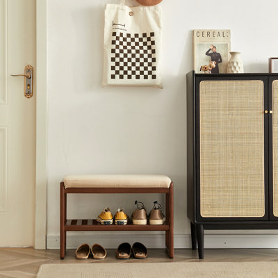 Banc de rangement en bois massif (couleur noyer), étagère de rangement en bois de hêtre avec coussin éponge à rebond élevé