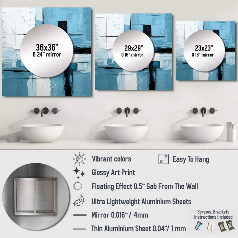 «Isaid - Cubic Blue and White Windows To The Ocean Abstract Square Mirror Wall Art for Bathroom, 23 po x 23 po