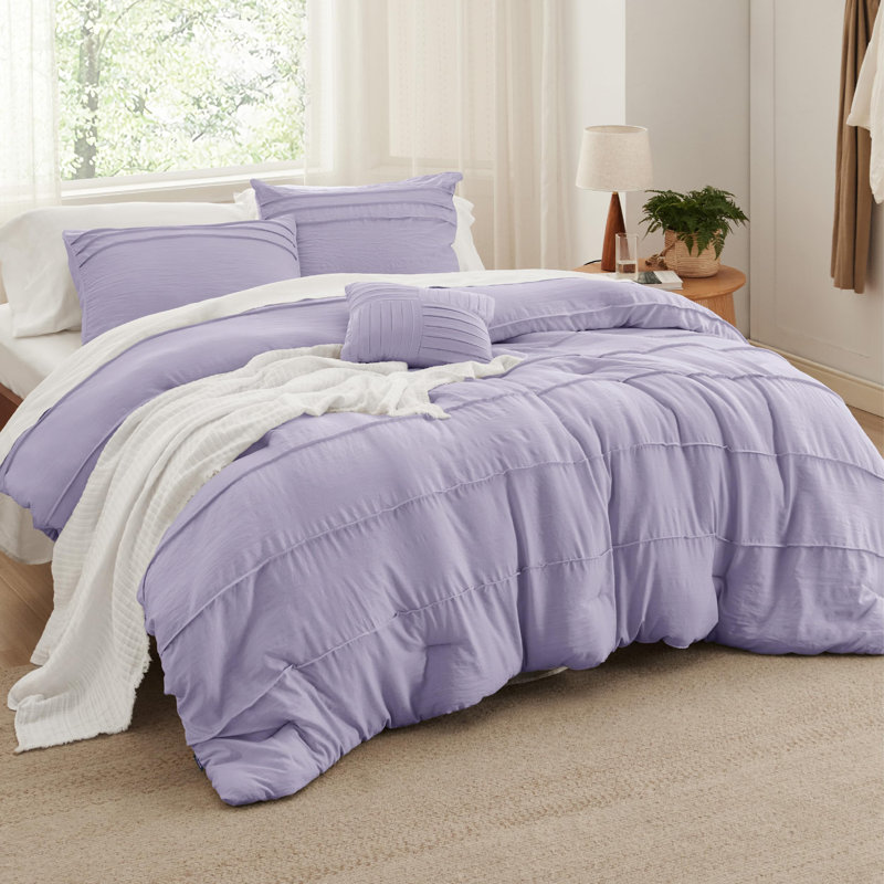 Bedsure Pinch Pleat Comforter Set Boho Bed-in-A-Bag Bedding Set with  Pillowcases for All Season, Light Purple