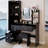 Full Body Mirror Cabinet + Round Mirror LED Vanity Table + Cushioned Stool, 17" Diameter LED Mirror, Touch Control, 3-Color, Brightness Adjustable, Large Desktop, Multi-Layer High Capacity Storage