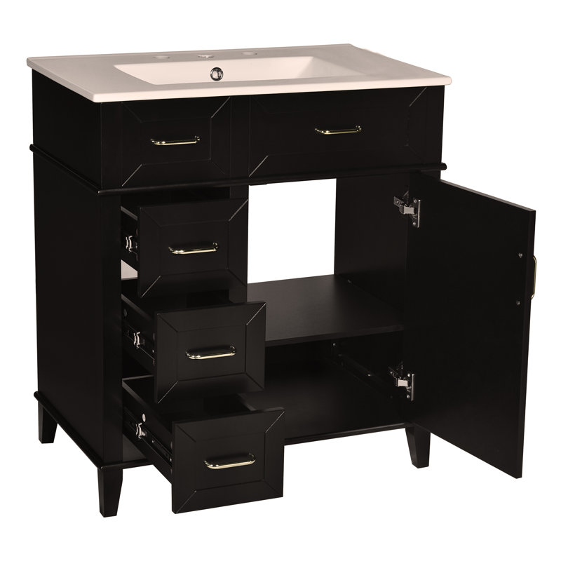 Meuble-lavabo de 30 pouces avec lavabo en céramique, tablette réglable, porte à fermeture en douceur et trois tiroirs à fermeture en douceur