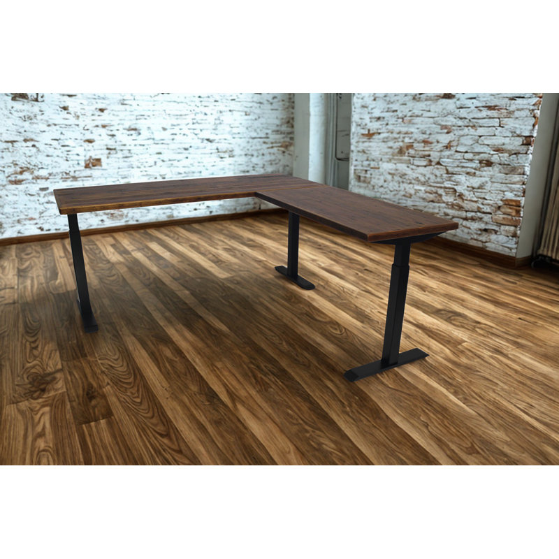 Skyline Electric Height Adjustable 72x30x48x24 L-Shape Standing Desk for Office and Home, Real Reclaimed Wood Top with Black Frame