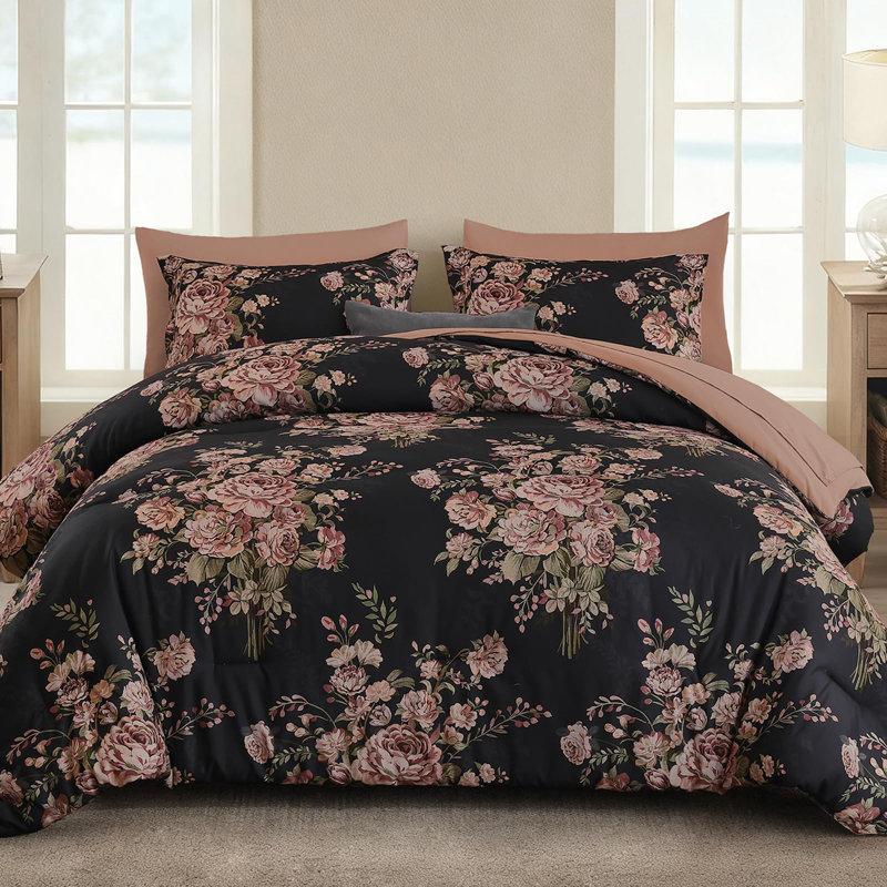 7-Piece Floral Comforter Set, All Season Soft Microfiber Bed in a Bag with Sheets, Queen Comforter + 6 Additional Pieces