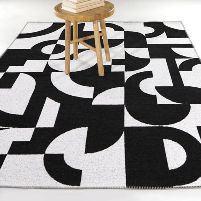 Rectangle Carino Abstract Flatweave Recycled P.E.T. Area Rug in Black/White
