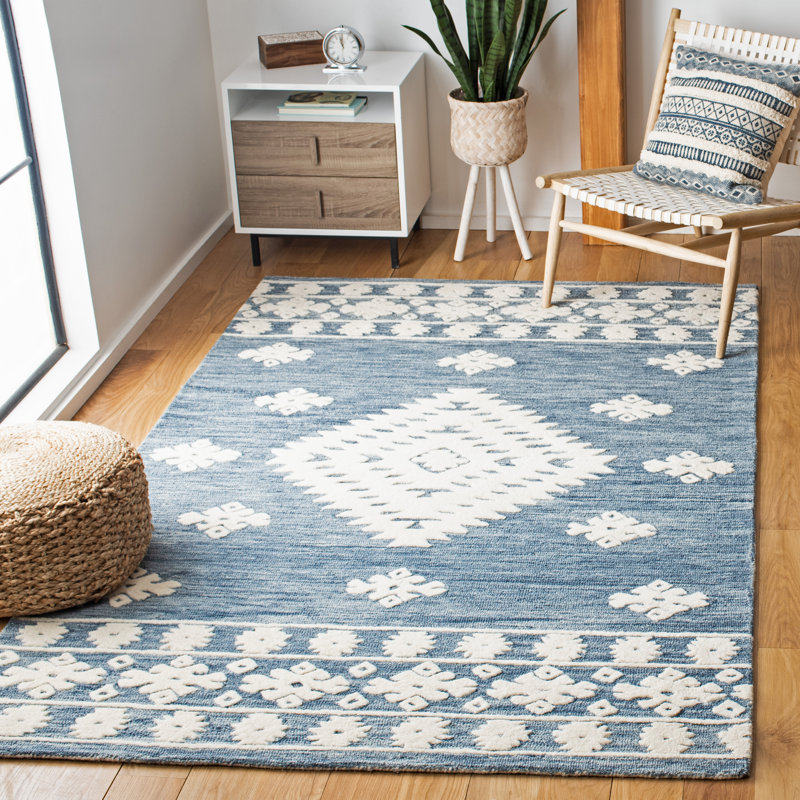 Tapis en laine / coton touffeté à la main en ivoire / bleu marine, Rectangle 5 pi x 8 pi