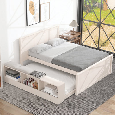 Lit plateforme double en bois avec lit gigogne escamotable, armoire de rangement, blanc crème