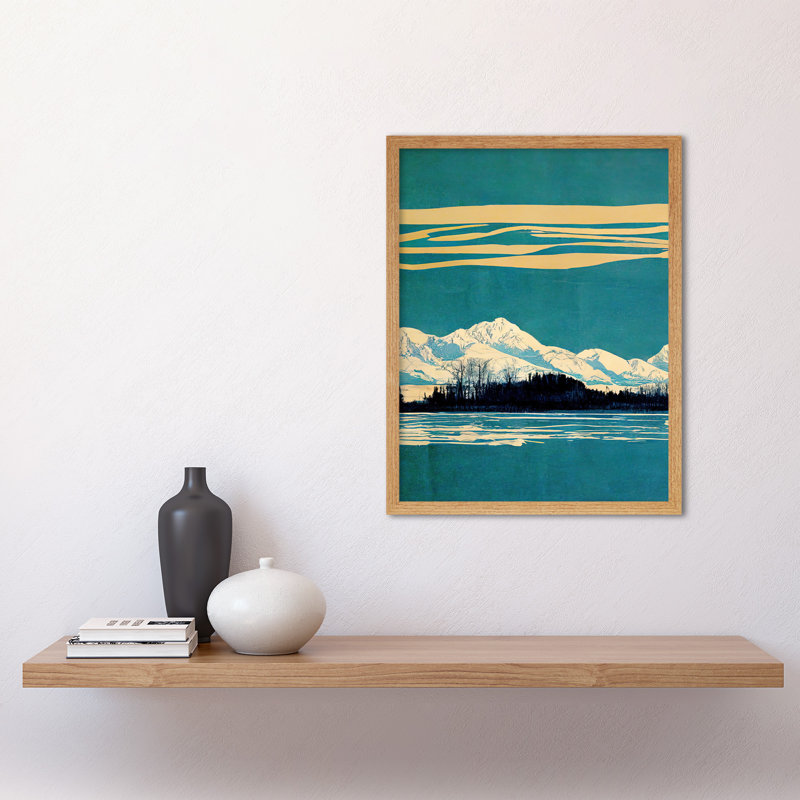 Winter Lakeside Landscape Snowy Mountains - Print, 43cm H x 33cm W, Light Brown Framed Paper