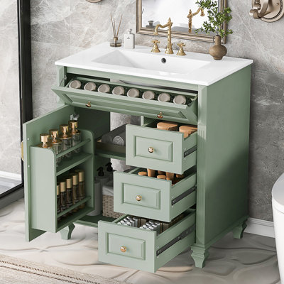 Meuble-lavabo autoportant avec lavabo en céramique et tiroir rabattable