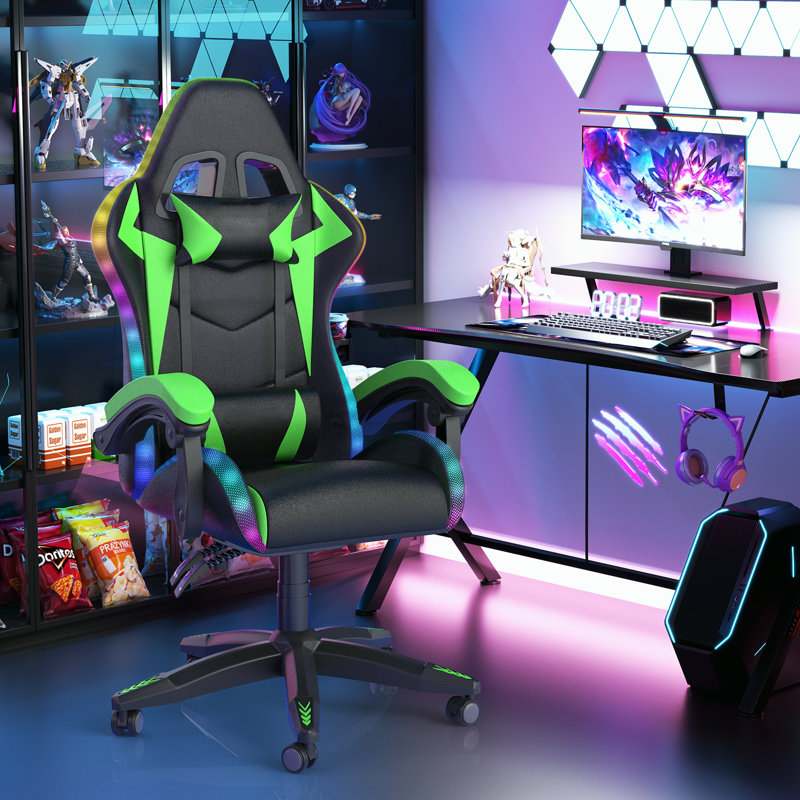 Reclining Gaming Chair with LED Lights and Headrest, Black/Green