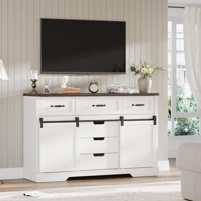 Farmhouse 6 Drawers Dresser For Bedroom With Sliding Barn Doors, Wood Dresser & Chest Of Drawers, Rustic Dresser Tv Stand, Dresser Organizer For Bedro by August Grove