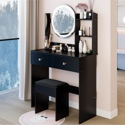 17" Round LED Mirror Vanity Table+Cushioned Stool, Equipped With 2 AC+2 USB Power Socket, Big Mirror, Touch Switch, 3 Colors, Adjustable Brightness, Large Desktop, Multi-layer High Capacity Storage