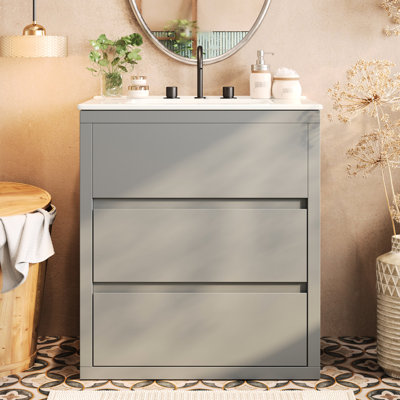 Meuble-lavabo moderne de 30 po en gris avec lavabo en céramique de haute qualité, tiroirs spacieux, 45 poignées, glissières de tiroir à fermeture en douceur, meuble-lavabo de style contemporain américain de luxe, système de poignées, grand rangement,