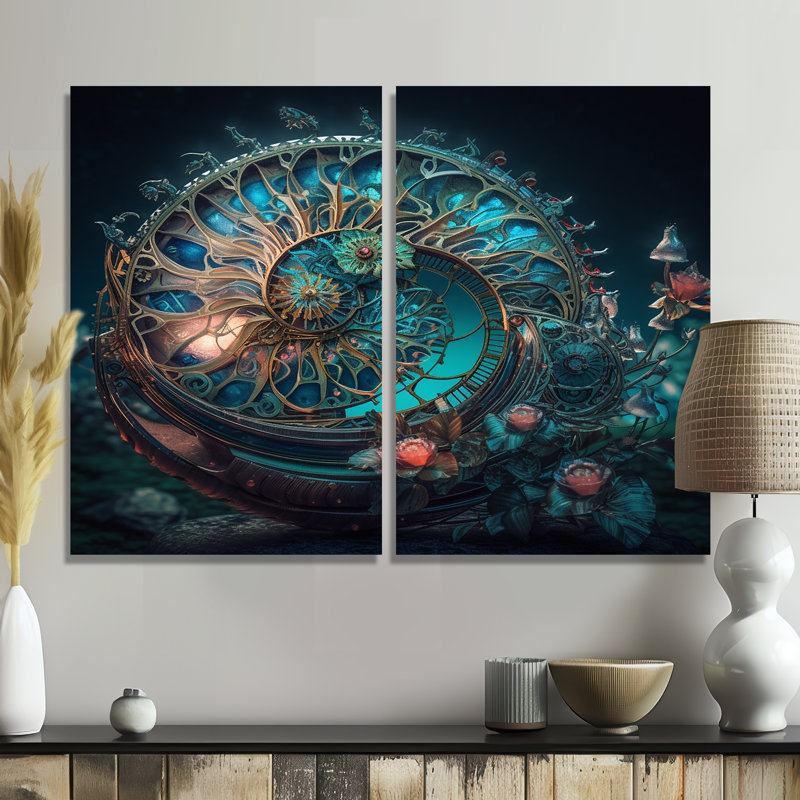 Bioluminescent Spiral Oceanic Astrolabe II - art mural bleu, H 36 po x l 48 po, Toile tendue, Ne s’applique pas