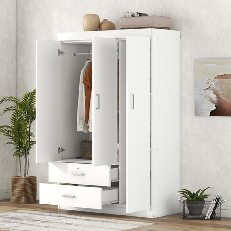 Armoire 3 portes avec 2 tiroirs, Blanc
