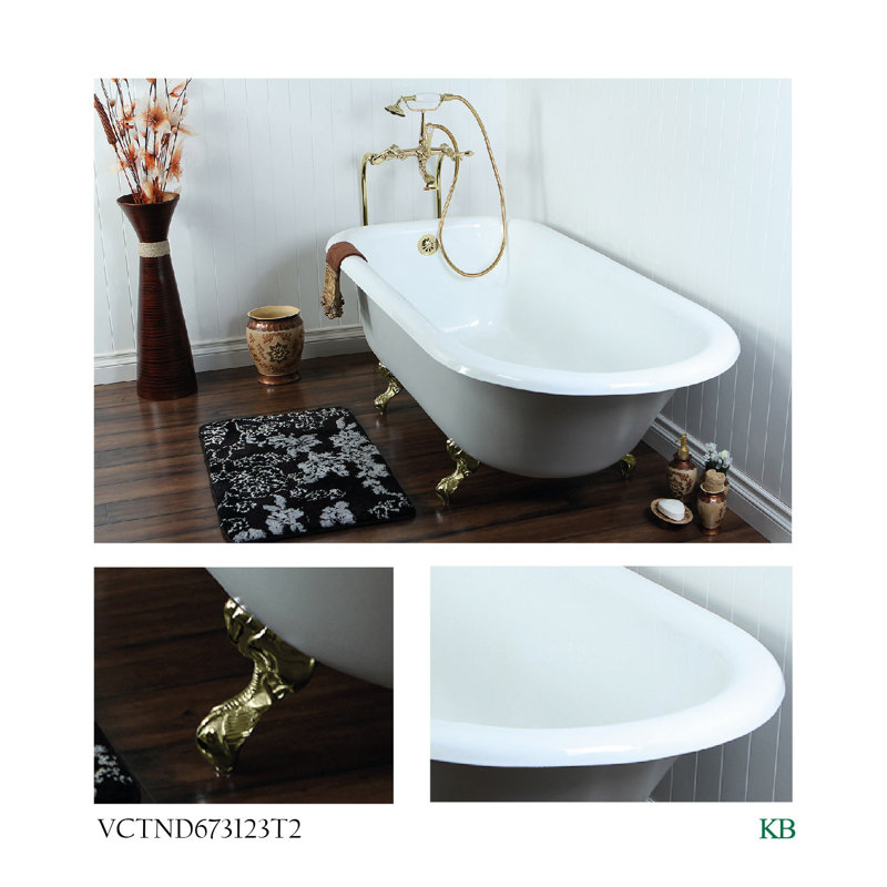 Kingston Brass Aqua Eden 67-Inch Cast Iron Oval Rectangular Roll Top Clawfoot Tub (No Faucet Drillings), Polished Brass