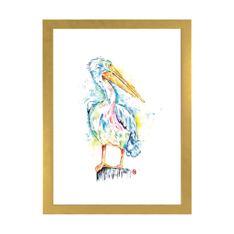 «Pelican» par Lisa Whitehouse - impression d'art graphique, Papier encadré doré, Blanc, H 24 po x l 16 po x P 1 po