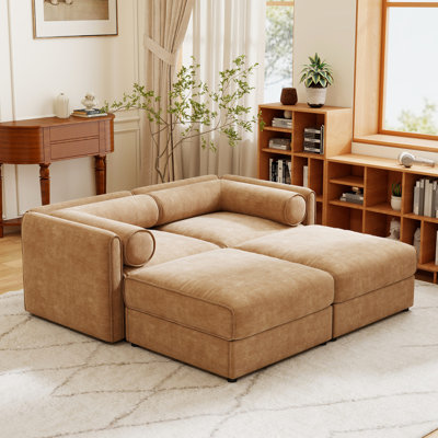 Canapé 2 places moderne en chenille camel avec rangement, forme cylindrique pour un soutien ergonomique, rangement dissimulé et personnalisation modulaire avec accoudoirs et dossier, montage rapide.