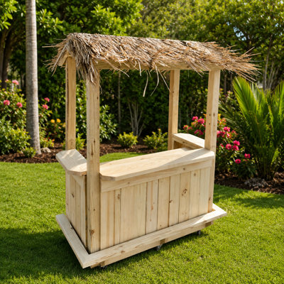 6x3 Wooden Tiki Bar Stand With Thatched Roof Outdoor Serving Counter