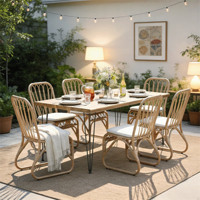 Ensemble de salle à manger 7 pièces pour 6 personnes, table rectangulaire en bois d'acacia et chaises en rotin, mobilier de patio moderne de 72 pouces, terrasse, cour arrière, porche