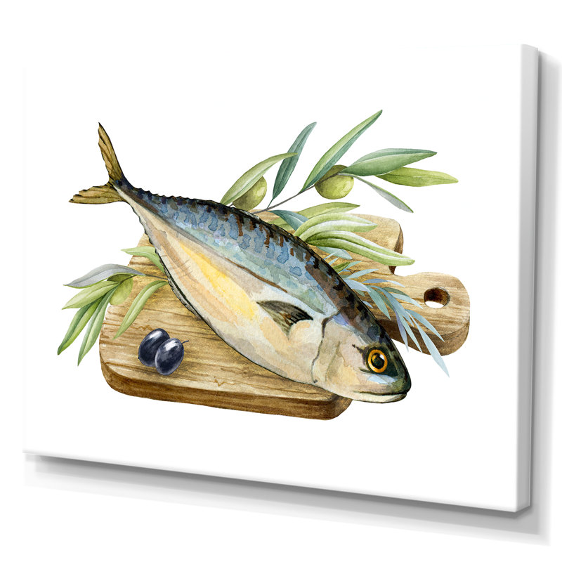 Poisson de mer avec herbes et branche d'olivier - Peinture sur toile, H 12 po x l 20 po, Toile tendue