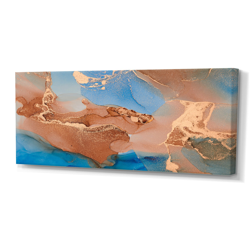 «Blue and Brown Luxury Abstract Fluid», peinture sur toile, Toile tendue, H 28 po x l 60 po