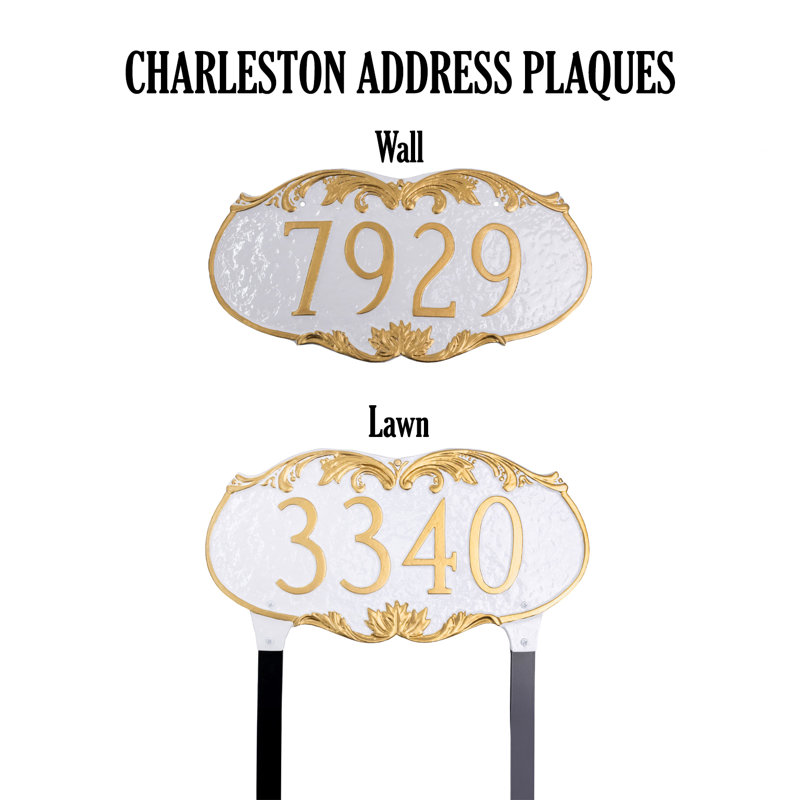 Charleston 1-Line Lawn Address Sign, White/Gold