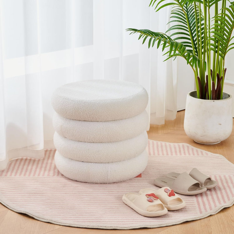 Repose-pieds rond avec rangement, tabouret Sherpa moderne, tabouret de coiffeuse Teddy avec plateau rabattable, Blanc