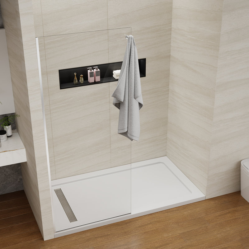 Shower Screen 32" Half Frameless Shower Wall Panel, Tempered Glass 3/8 Inch, Easy Clean Glass, Fixed Glass Shower Door With Towel Hook Matte Black