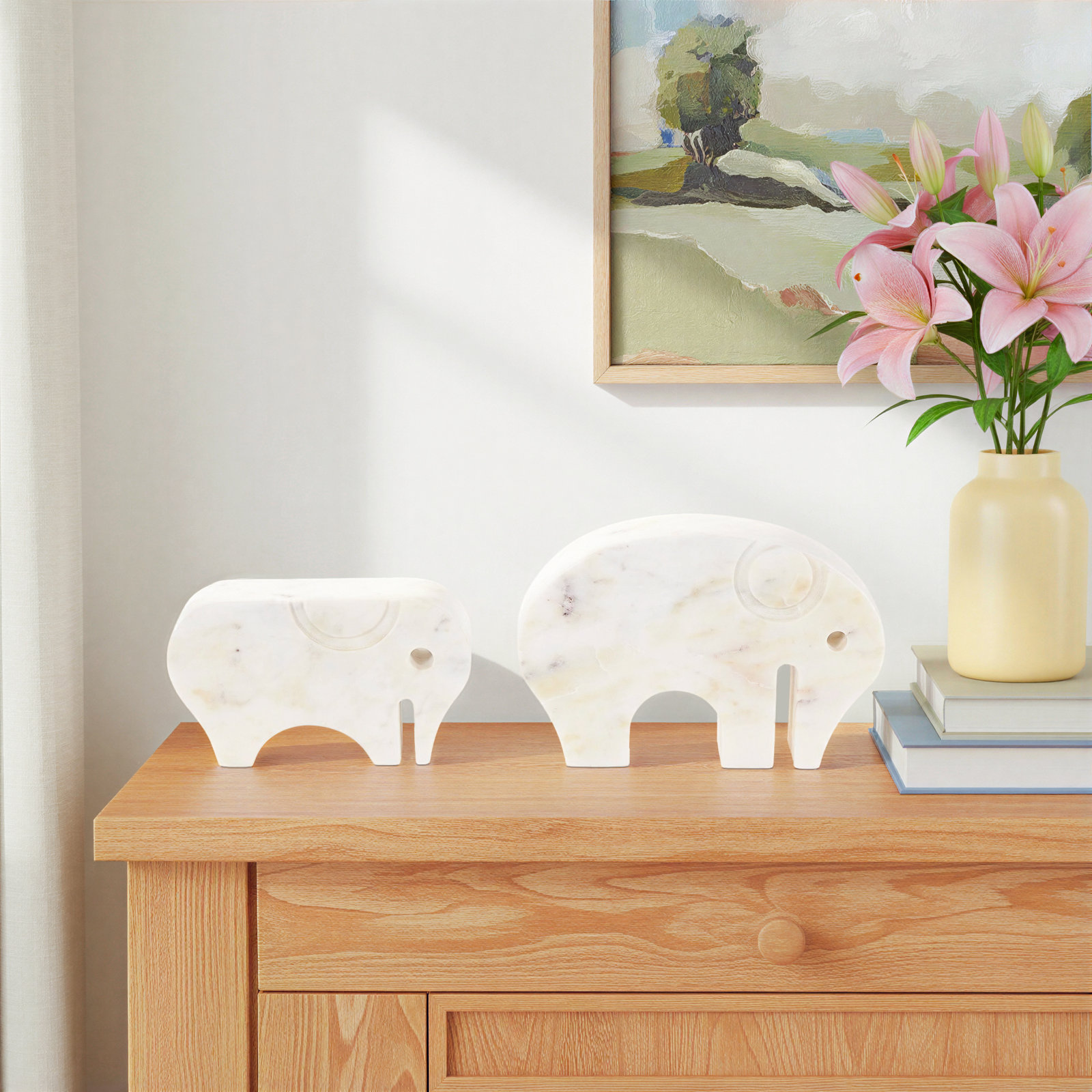 Rumy Marble Rounded Abstract Elephant Decorative White Sculpture with Gray Marble Veins and Cutouts Set