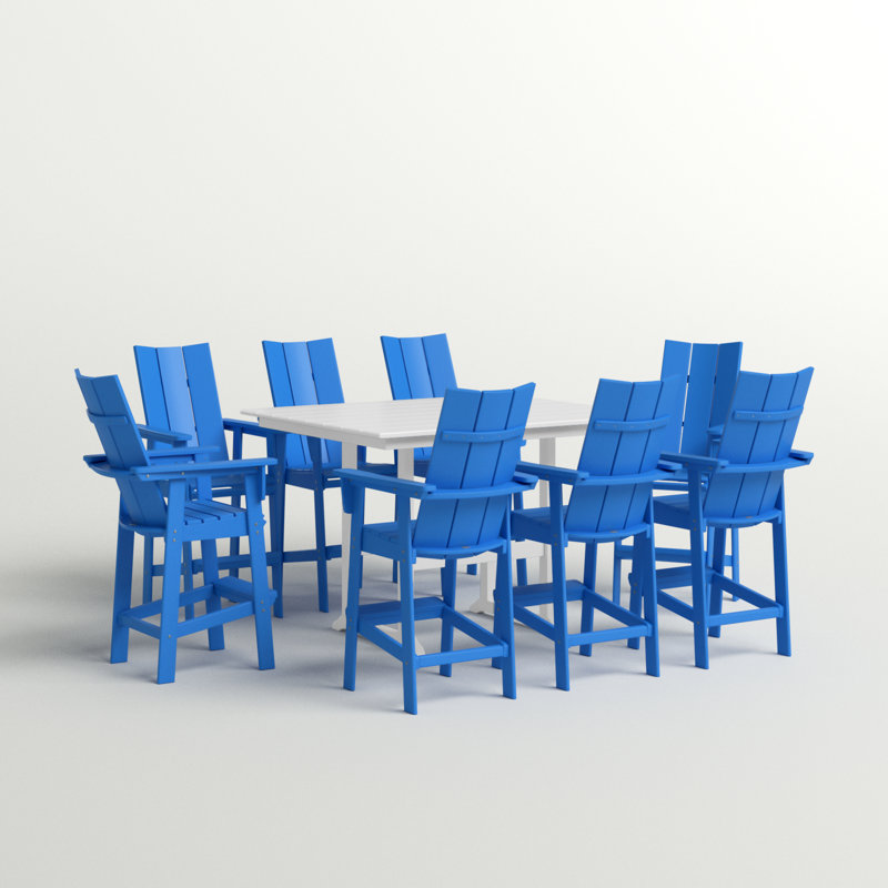 POLYWOOD Modern Curveback Adirondack 9-Piece Farmhouse Trestle Bar Set, Pacific Blue/White