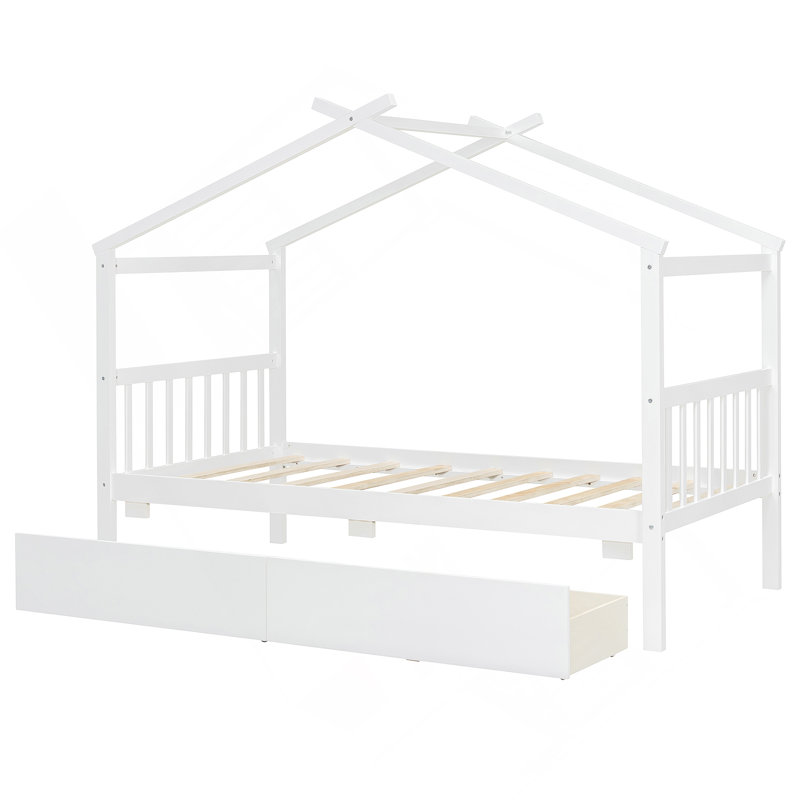 Lit en bois avec tiroirs, Simple, Blanc