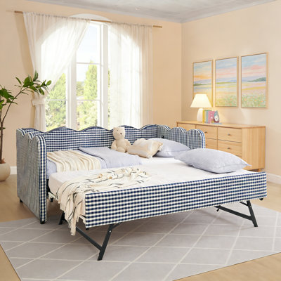 Cozy Gingham Daybed With Trundle Twin Size Sofa Bed No Box Spring Needed, With USB Port And Adorable Wave Shaped, Linen Fabric